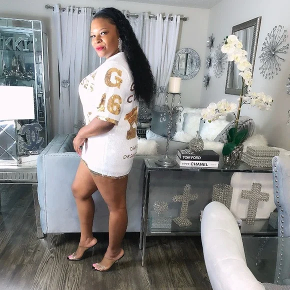 Sale! Sequin shirt dress mini white gold - Picture 4 of 8